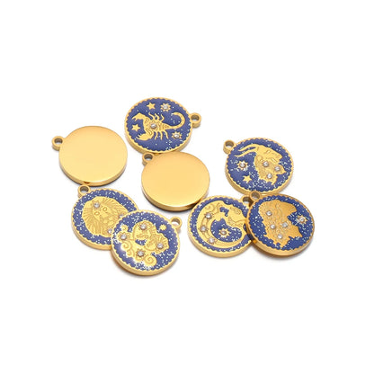 Wholesale 12 Constellations Enamel Charms Set - 15mm Gold Round Zodiac Pendants with 1.6mm Single Hole