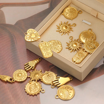 Vintage Fashion Stainless Steel Gold Plated Moon Hand Round Cross Sun  Eye Charm Pendant for Jewelry Necklace Earring Making