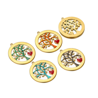 Vintage Stainless Steel18k Gold Plated Hollow Round Charm Shiny Zircon Tree of Life  Charms Pendant for DIY Jewelry Making