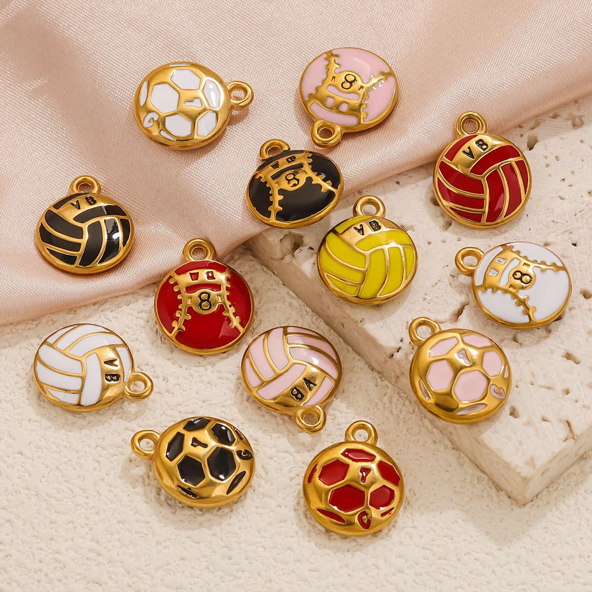 Stainless Steel 18K Gold Plated Colorful Sports Ball-Shaped Pendants DIY Bracelets Keychains Accessories Drip-Coating Parts