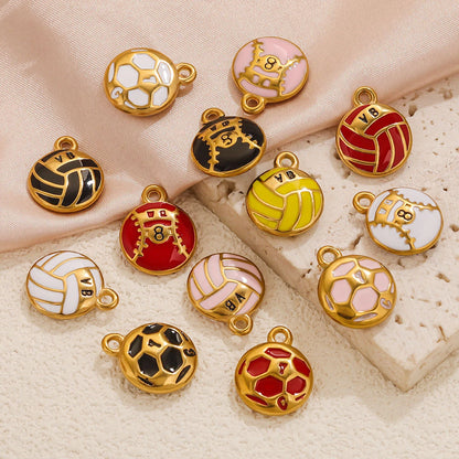 Stainless Steel 18K Gold Plated Colorful Sports Ball-Shaped Pendants DIY Bracelets Keychains Accessories Drip-Coating Parts