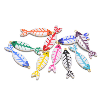 Handmade 18k Gold Plated Stainless Steel Enamel Cute Beach Fishbone Charm Pendant for Jewelry Necklace Making Accessories