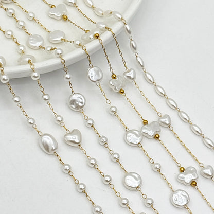 E245 Freshwater Pearl Beads Chain Heart butterfly Round Pearl Link Chain Stainless Steel Permanent Chains for Diy