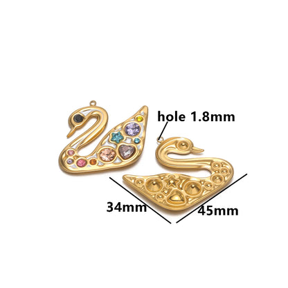 Exquisite 18k Gold Plated Stainless Steel Cat Swan Unicorn Puppy Coloured Zircon Charm Pendant for DIY Necklace Jewelry Making