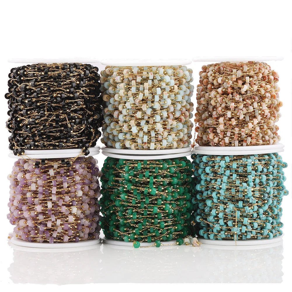 A2757 Fashion Colorful Natural Stone Beads Chain Beaded Rosary Stainless Steel Chain for Necklace Bracelet Making Diy