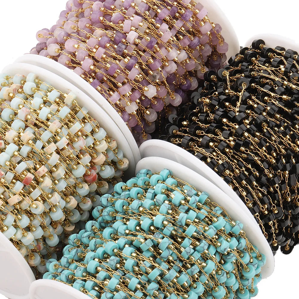 A2757 Fashion Colorful Natural Stone Beads Chain Beaded Rosary Stainless Steel Chain for Necklace Bracelet Making Diy