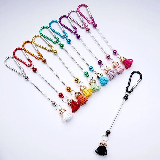 Beadable Carabiner Keychain with Bar   Metal D-Shape Snap Hook for DIY Tassel Beaded Keyring, Mountaineering Clasp Purse Pendant