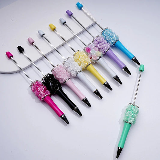 Rose Flower Pearl Crystal Rhinestone Chain Ballpoint Pen Solid Color Gift Bulk