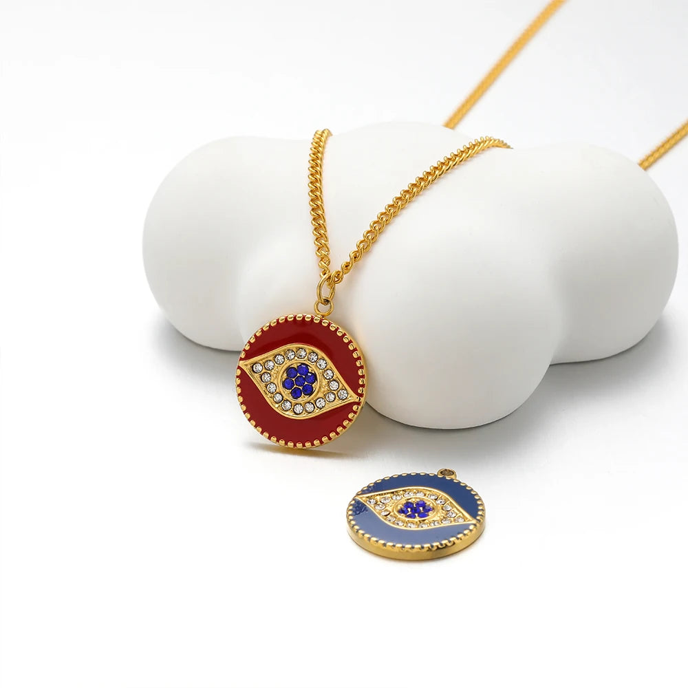 Best Selling 18k Gold Plated Stainless Steel Drip Oil Zircon Eye Charms Pendant for Women Jewelry Necklace Earrings Making