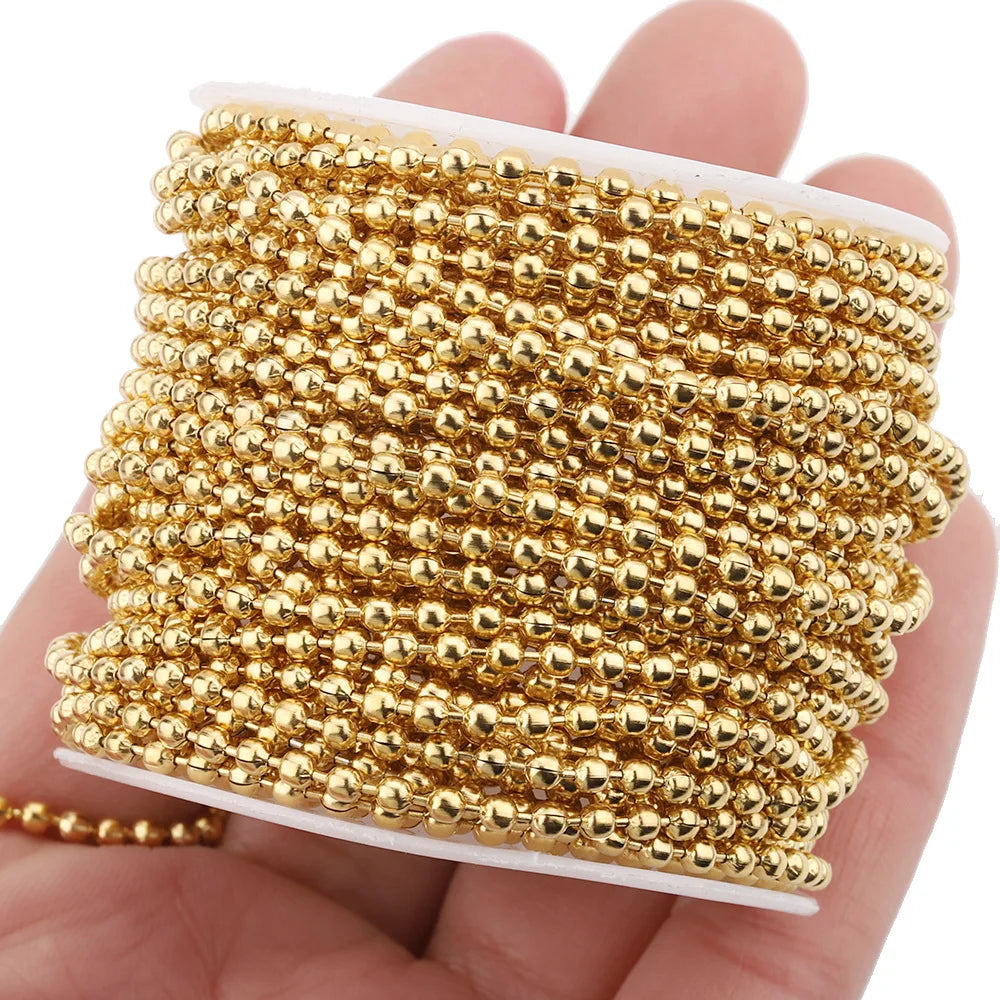 A1284 Non Tarnish 18k Gold Plated Bead Chain Round Beads Stainless Steel Silver Bulk Roll Chain Diy Jewelry Accessory