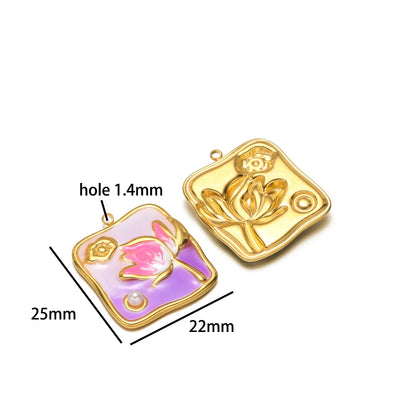Exquisite Oil Drop Painted Flower Charm 18k Gold Plated Stainless Steel Enamel Round Square Pendant for Necklace Jewelry Making