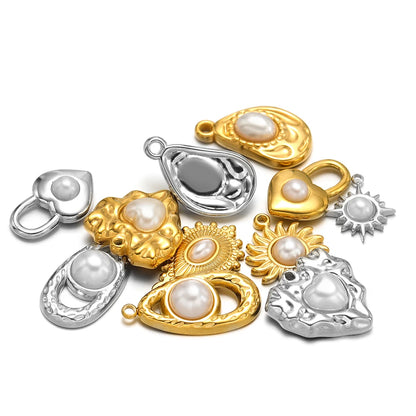 Vintage Style 18k Gold Plated Stainless Steel Heart Sun Lock Oval Pearl Charm Pendant for Women Jewelry Making Accessories