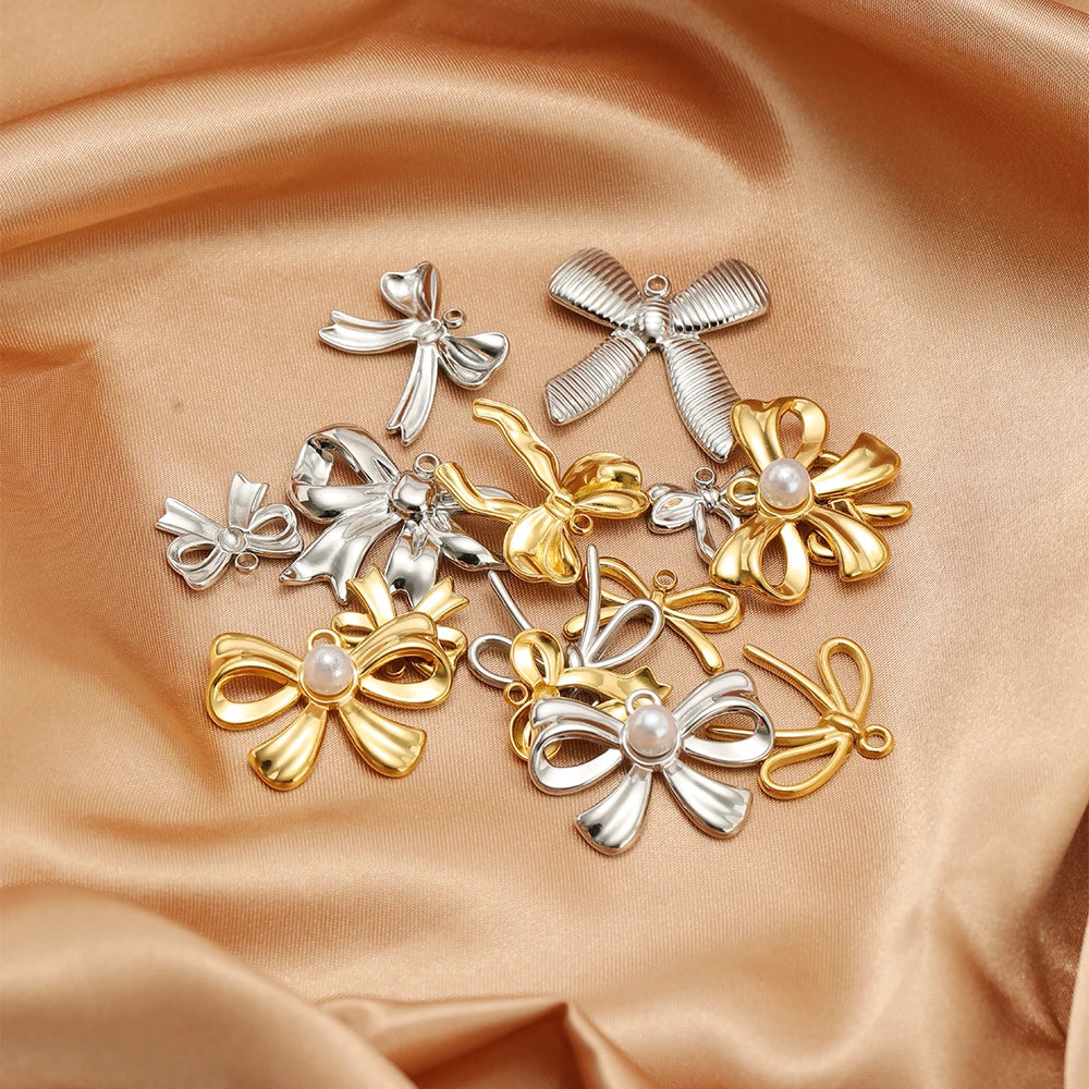 New Handmade DIY Jewelry Accessories 18k Gold Plated Stainless Steel Pearl Bowknot Charm Pendant for Women Jewelry Making