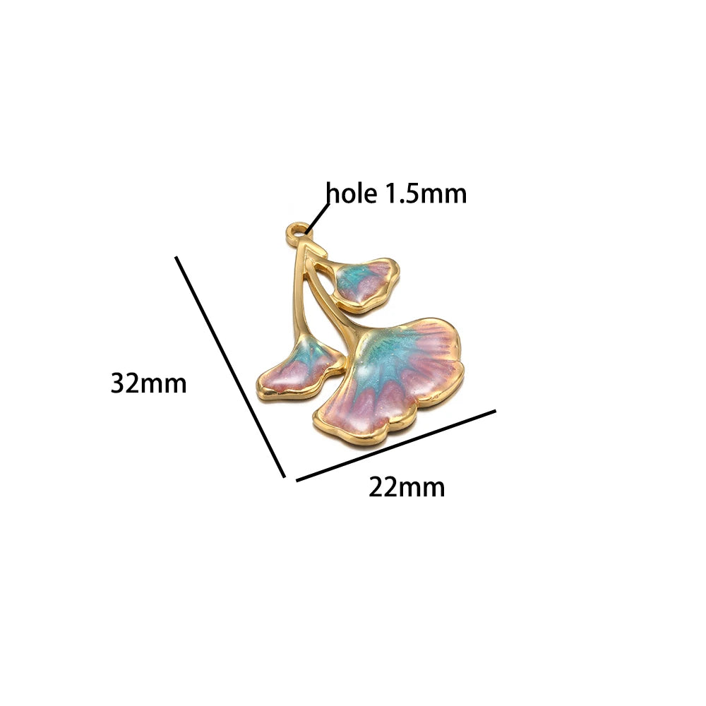 New Trendy Stainless Steel 18k Gold Plated Enamel Butterfly Leaves Flower Charm Pendants for Jewelry Necklace Making Accessories