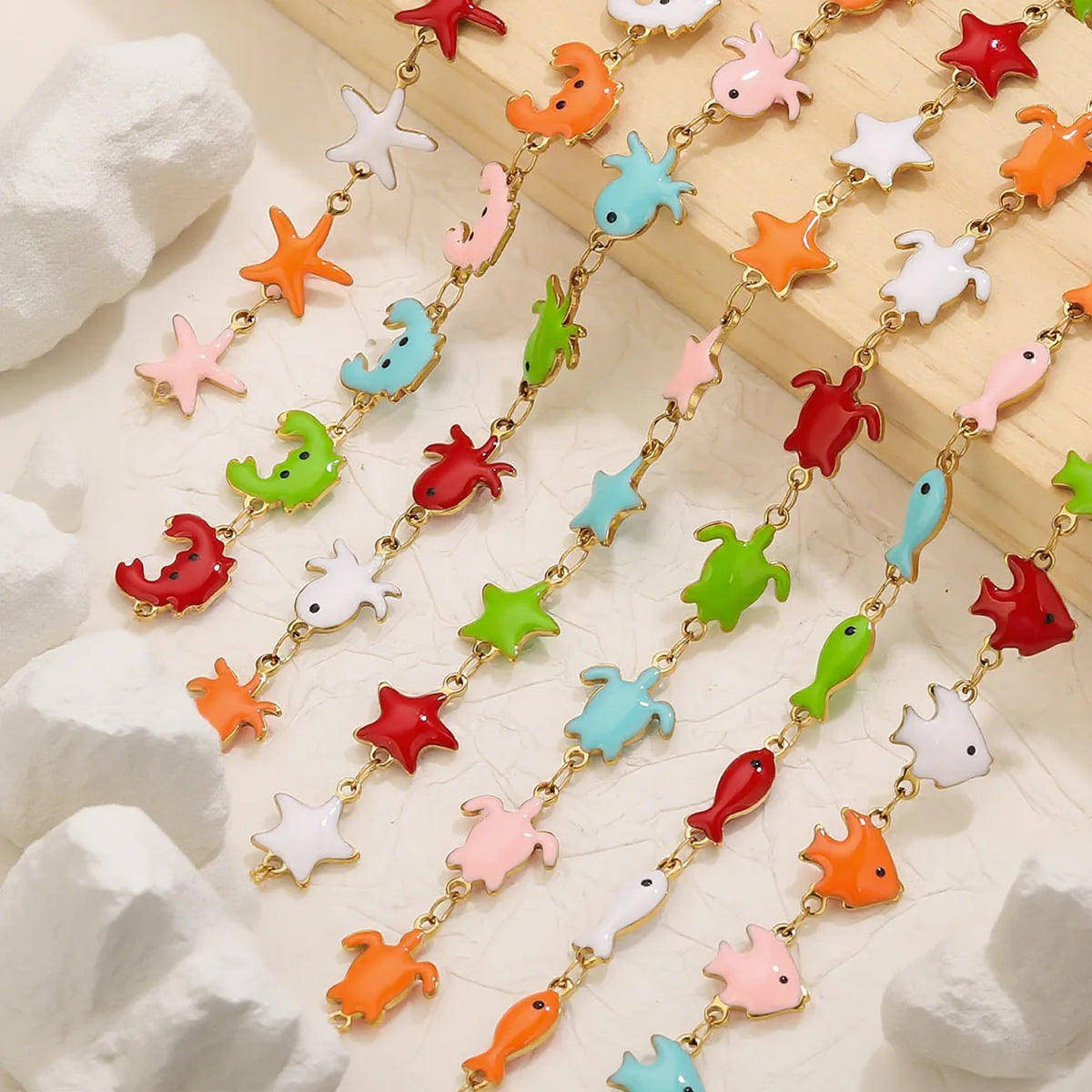 D829 Stainless Steel Ocean Series Enamel Roll Chains Starfish Octopus Fish Connector Chains DIY for Bracelet Necklace Making