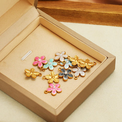 Enamel Flower Charms 18k Gold Plated Stainless Steel Double Hole Flower Pearl Charm Pendant for DIY Jewelry Making Accessories