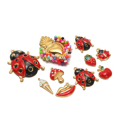 Wholesale 18k Gold Plated Stainless Steel Enamel Ladybird Insect Apple Strawberry Mushroom Charm Pendant for Jewelry Making