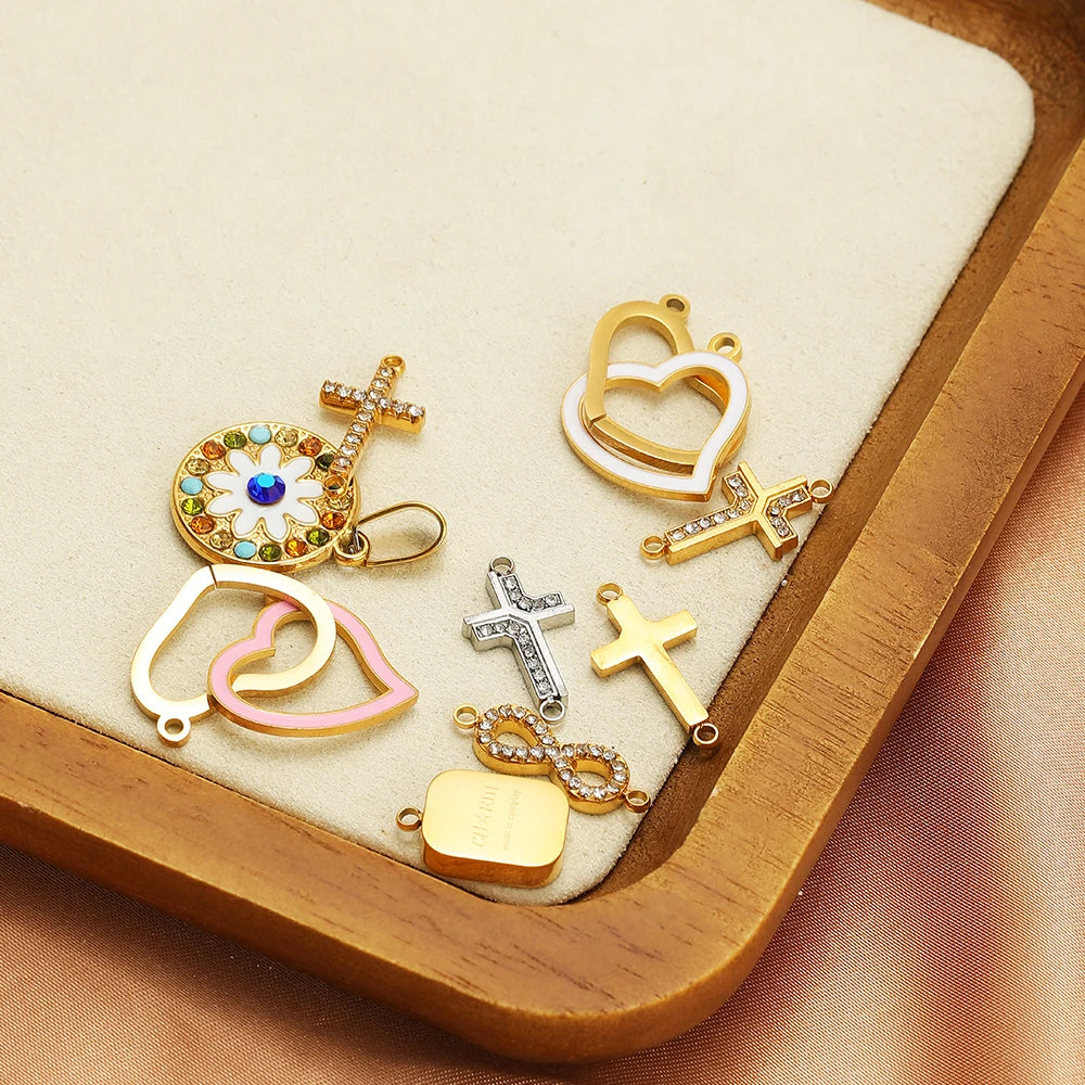 Double Heart Charm Stainless Steel Gold Plated Zircon Heart Cross Charm Pendant for DIY Jewelry Making Accessories Findings