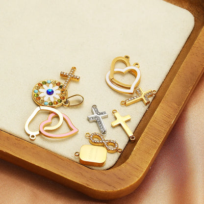 Double Heart Charm Stainless Steel Gold Plated Zircon Heart Cross Charm Pendant for DIY Jewelry Making Accessories Findings