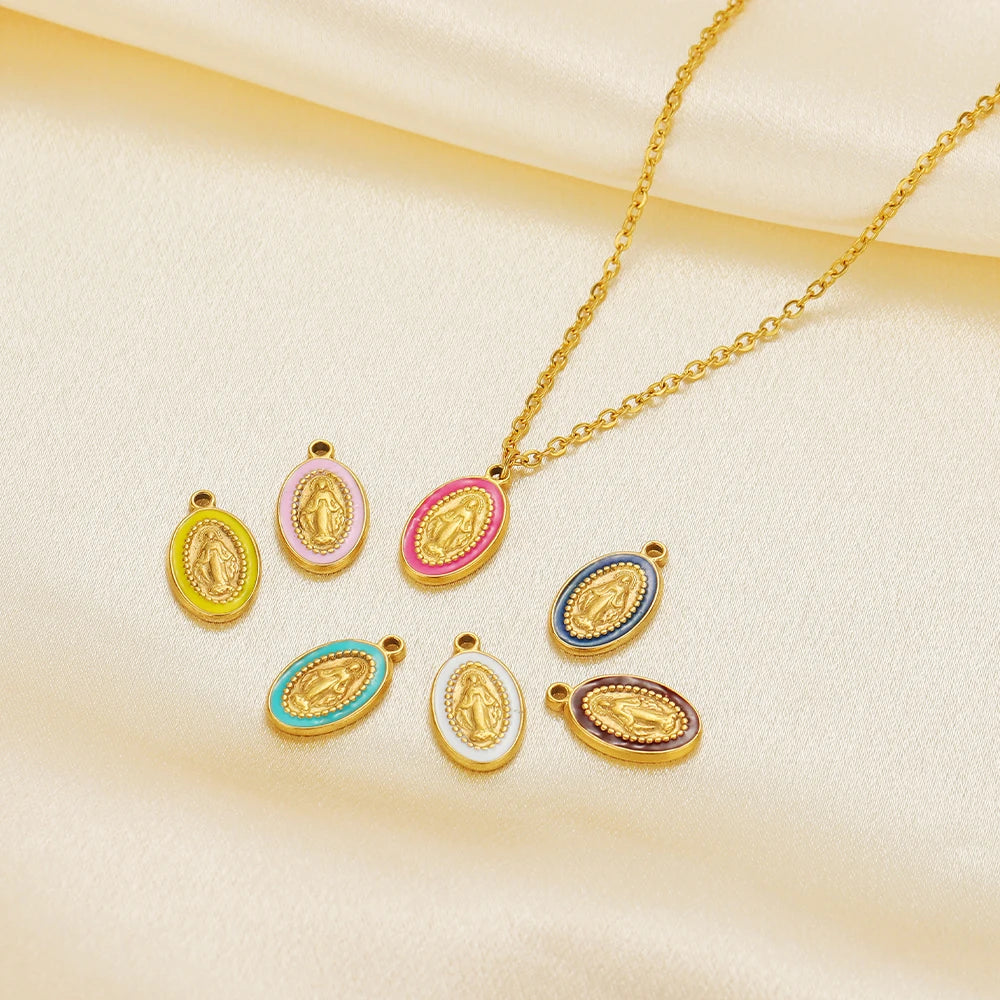 New Design Religious Charm Stainless Steel 18k Gold Plated Oval Enamel Jesus Charm Pendant for Necklace Making Jewelry Findings