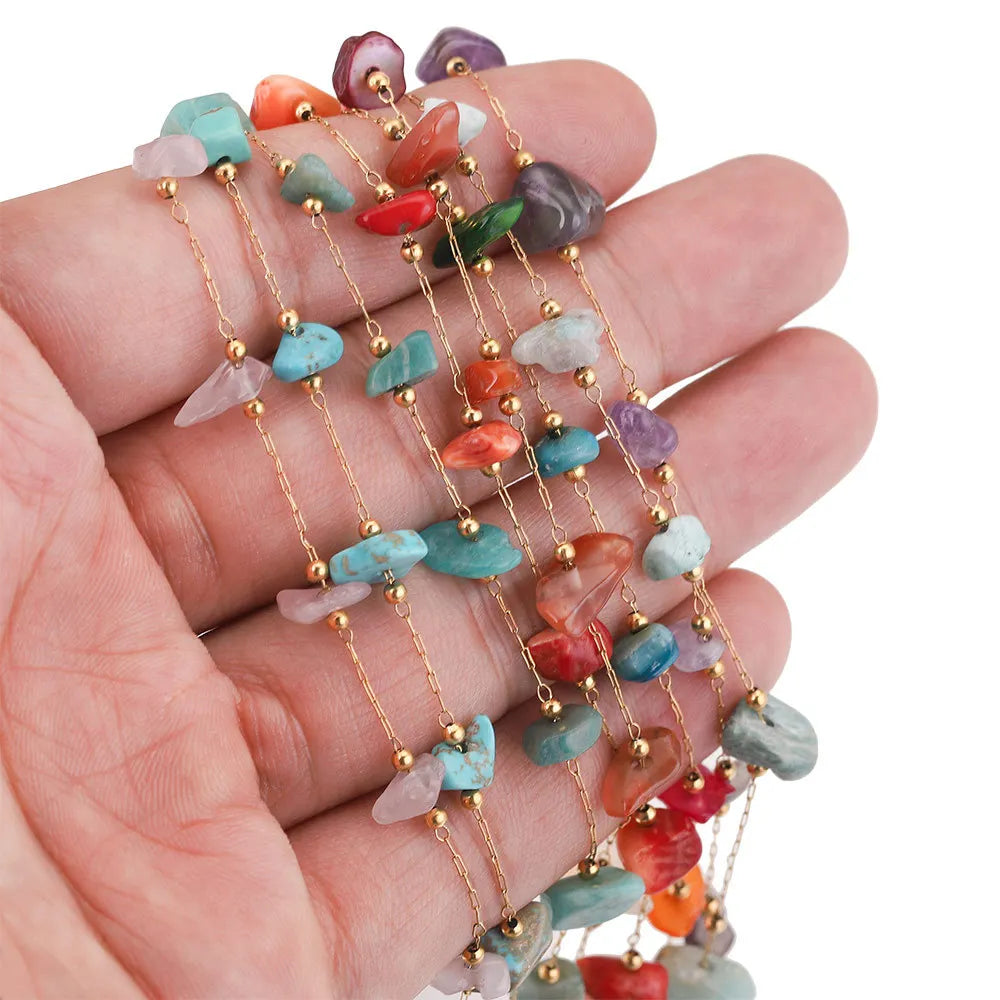 A2761 Fashion Natural Stone Beads Beaded Chain Rosary Amethyst Turquoise Beads Chain Stainless Steel for Jewelry Making
