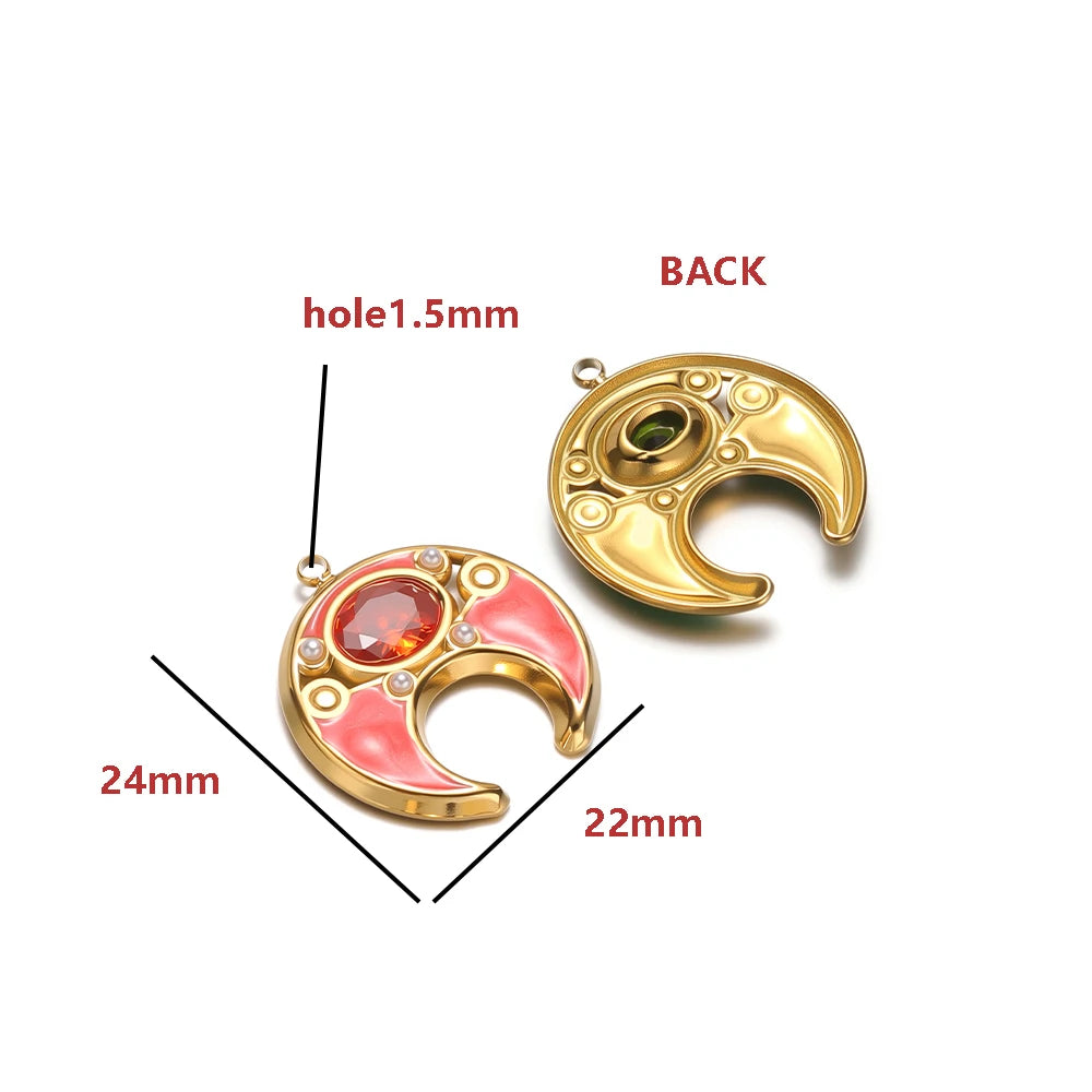 18K Gold Plated 24*22mm Wide Hollow Moon Single-Sided Oil Dripping Point Color Diamond Pearl 1.5mm Single-Hole Light Green