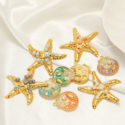 New Arrival 18k Gold Plated Stainless Steel Enamel Starfish Shell Pearl Charm Pendant for Jewelry Making Accessories