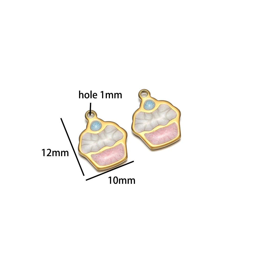 Cute Ins Colorful Enamel 18k Gold Plated Stainless Steel Cupcake Charm Pendant for Handmade Necklace Jewelry Making