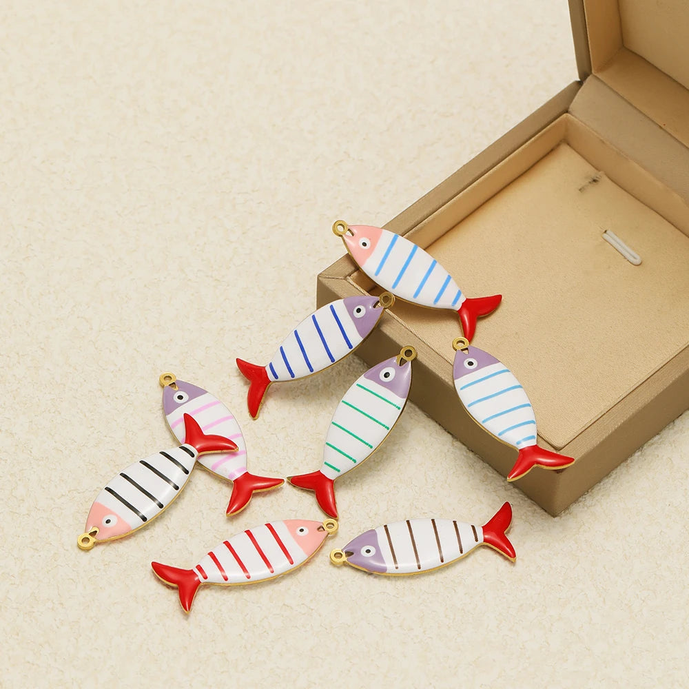 Fashion 18k Gold Plated Stainless Steel Enamel Striated Fish Charm Pendant for DIY Necklace Jewelry Making Accessories