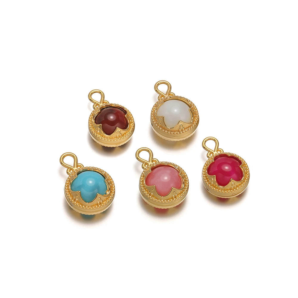 French Retro Stainless Steel 18k Gold Plated Round Gemstone Charm Pendant for Diy Jewelry Making Wholesale Jewelry Supplies