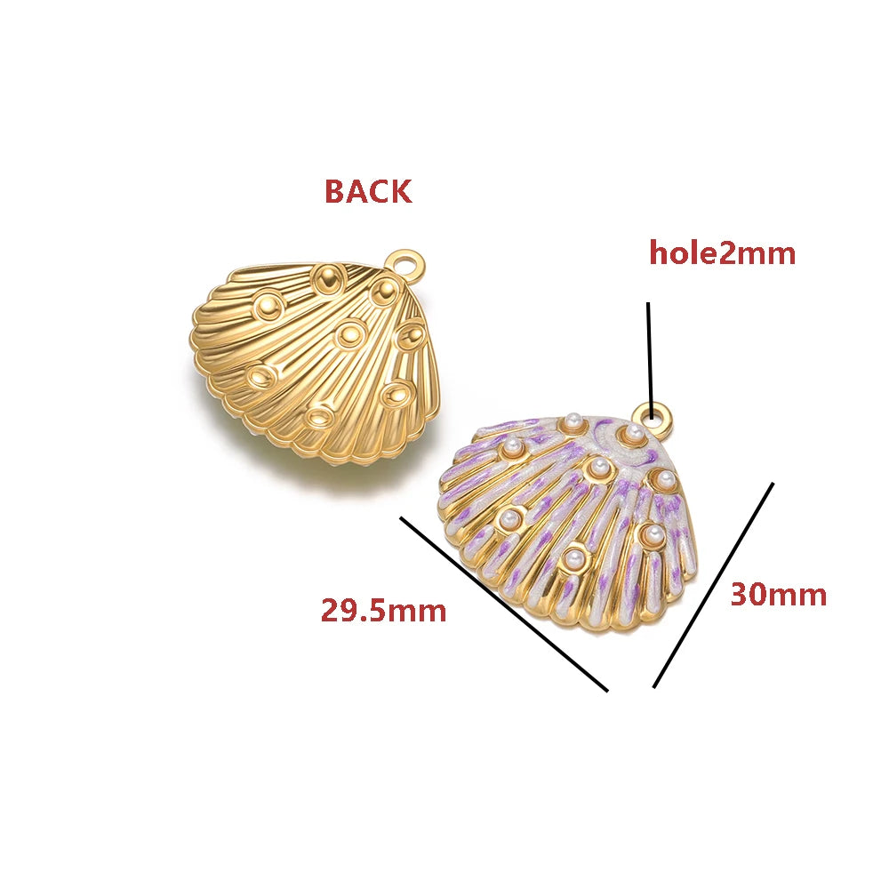 Gold Plated Seashell Charm Striped Shell Pendant with Pearl Single Sided Enamel  DIY Beach Jewelry Making Supplies Wholesale