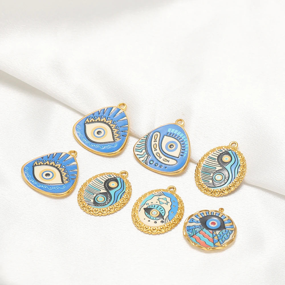 Bohemian Style Stainless Steel 18k Gold Plated Mixed Colors Enamel Oval Eye Charms Pendant for Diy Jewelry Necklace Making