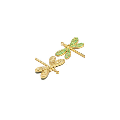 Retro Style Stainless Steel 18k Gold Plated Enamel Dragonfly and Flower Charms Pendant for Jewelry Necklace Making Accessories