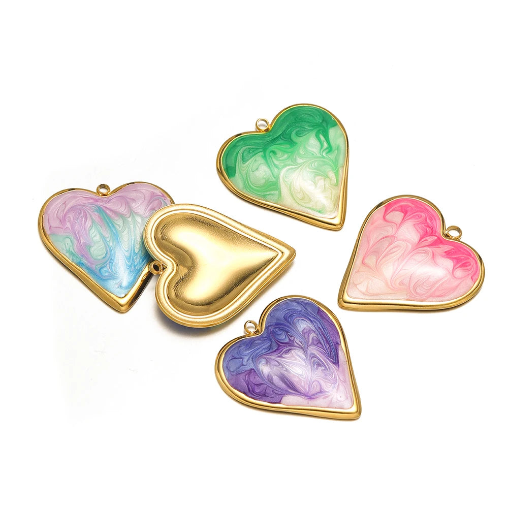 Romantic Dream Color Stainless Steel 18K Gold Plated Drip Oil Gradient Color Heart Charm Pendant for Jewelry Necklace Making