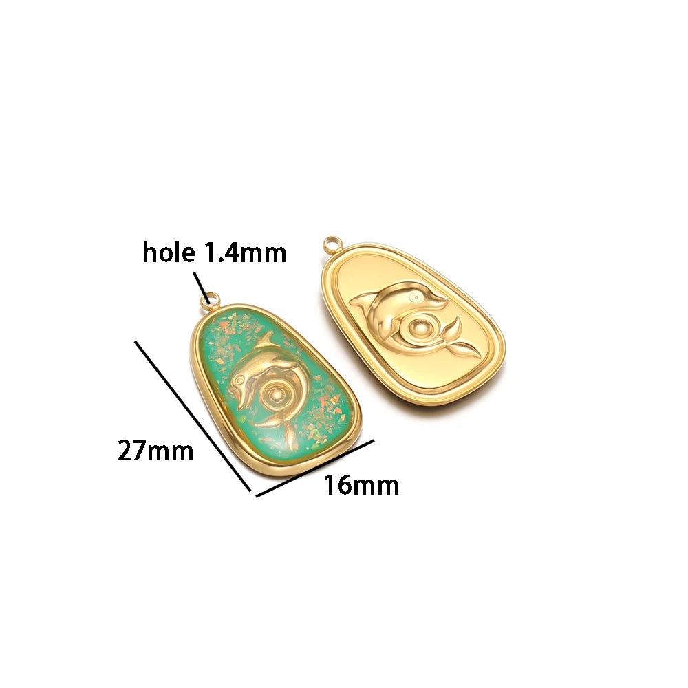 Vintage 18k Gold Plated Stainless Steel Oval Enamel Dolphin Charm Pendant for DIY Necklace Jewelry Making Accessories