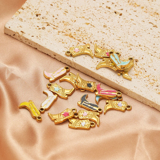 Wholesale Waterproof 18k Gold Plated Stainless Steel Streetwear Enamel Cowboy Boot Charm Pendant for Necklace Jewelry Making