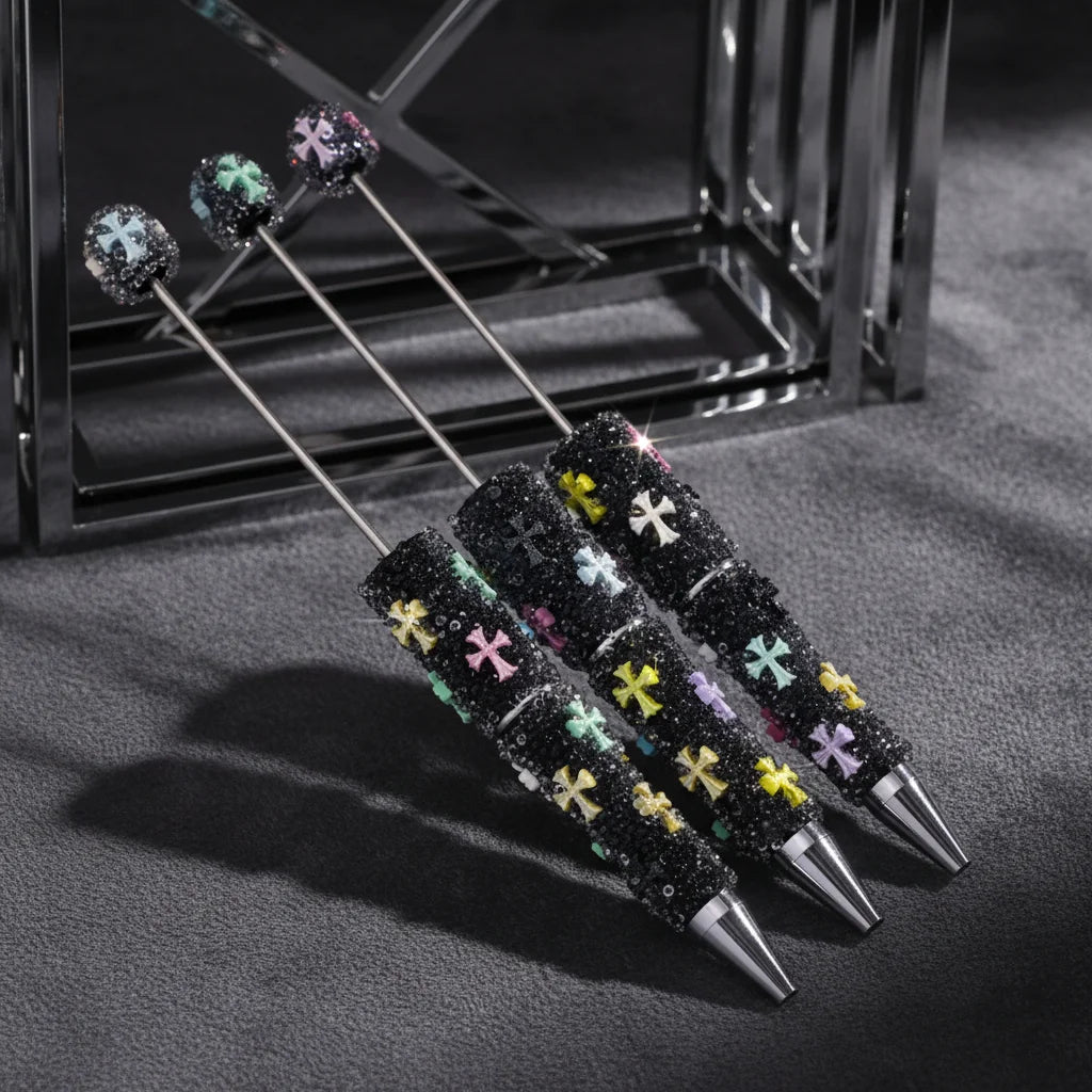 Sugar Beadable Pens with Shiny Cross Clear Rhinestones Full Cover Ballpoint Pens for DIY Beaded Pen Making