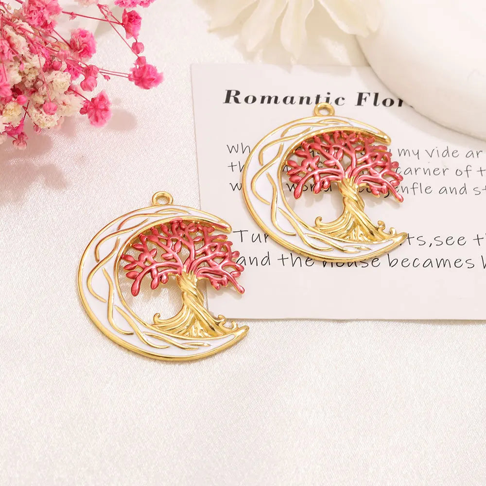 Norse Mythology World Tree Celtic Knot Stainless Steel Gold Plated Enamel Moon Tree of Life Charm Pendant for Jewelry Making