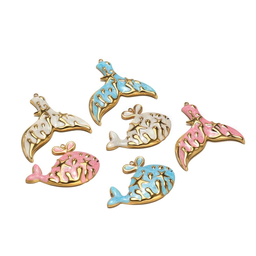 Fashion Whale Charm 18k Gold Plated Stainless Steel Enamel Mermaid Tail Zircon Pendant for DIY Necklace Jewelry Making