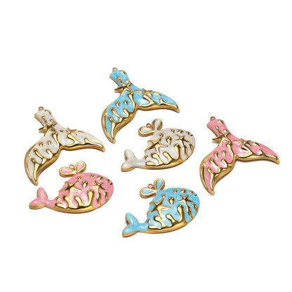 Fashion Whale Charm 18k Gold Plated Stainless Steel Enamel Mermaid Tail Zircon Pendant for DIY Necklace Jewelry Making