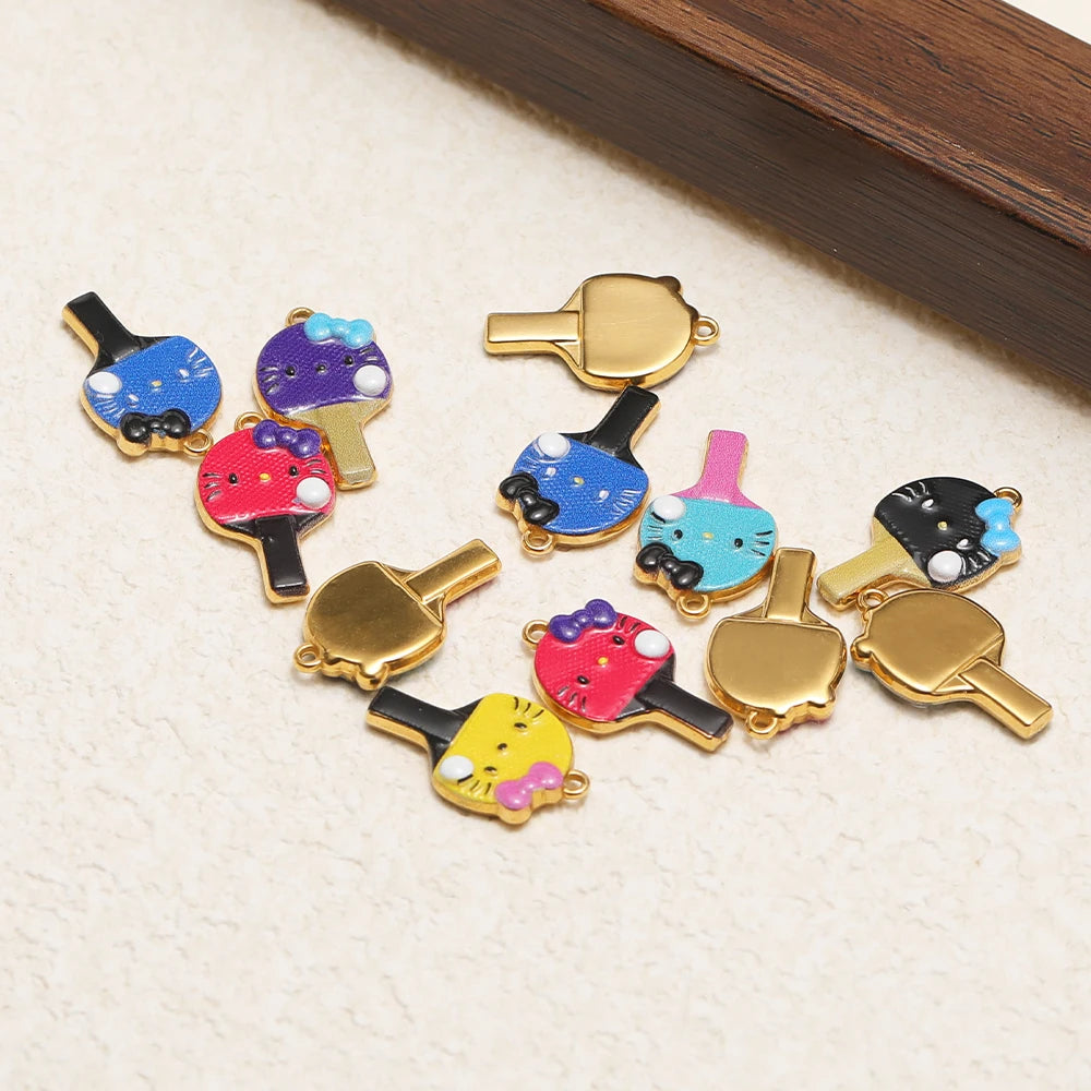 Personalized 18k Gold Plated Stainless Steel Cute Cat Racket Charm Pendant for DIY Necklace Jewelry Making Accessories
