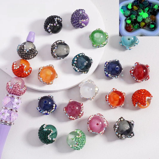 Handmade Clay Acrylic Round Beads with Luminous Glitter and Shiny Rhinestones for Multi-Color Pen Beads