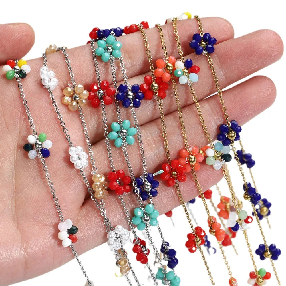 A1851 Hot Selling Stainless Steel Chain Enamel Colorful Flower Stainless Steel Chain Bulk Jewelry Finding Accessory