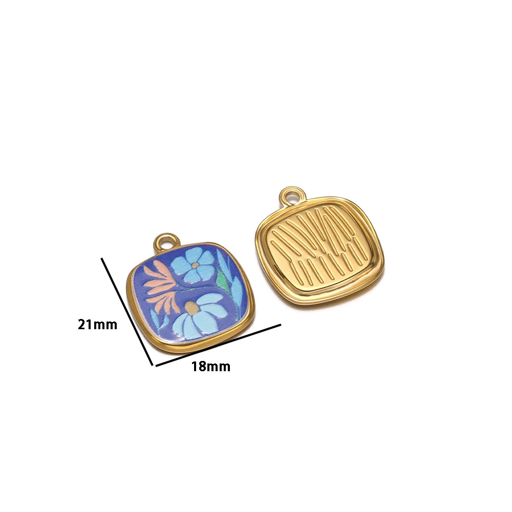 Trendy Stainless Steel 18k Gold Plated Enamel square Flower Charm Pendant for Diy Jewelry Making Wholesale