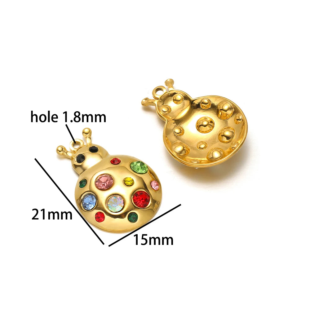 Fashion 18k Gold Plated Stainless Steel Enamel Flower Zircon Heart Key Ladybird Charm Pendant for Jewelry Making Accessories