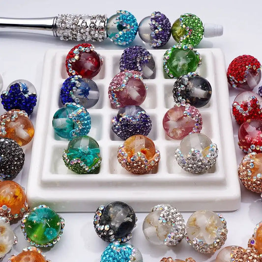 Handmade 18MM Acrylic Pinecone Beads with Dried Flowers Gold Foil and Rhinestones for Jewelry Making