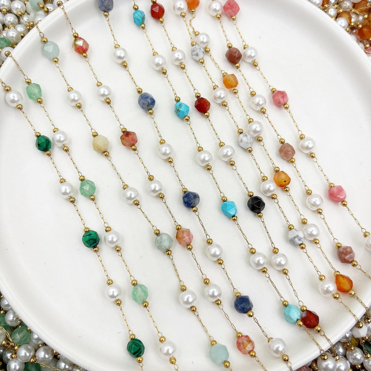 E249 Silver Plated Stainless Steel Permanent Chain Colorful Crystal Jade Stone Chain Pearl Beads Chains for Diy
