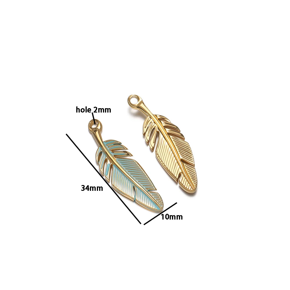 Fashion Stainless Steel 18k Gold Plated Enamel Feather Charm Pendant for Diy Necklace Jewelry Making Wholesale