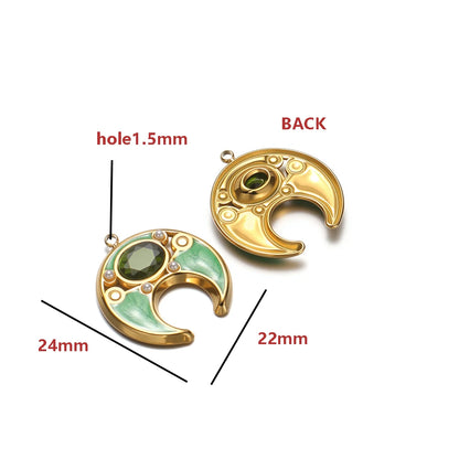18K Gold Plated 24*22mm Wide Hollow Moon Single-Sided Oil Dripping Point Color Diamond Pearl 1.5mm Single-Hole Light Green