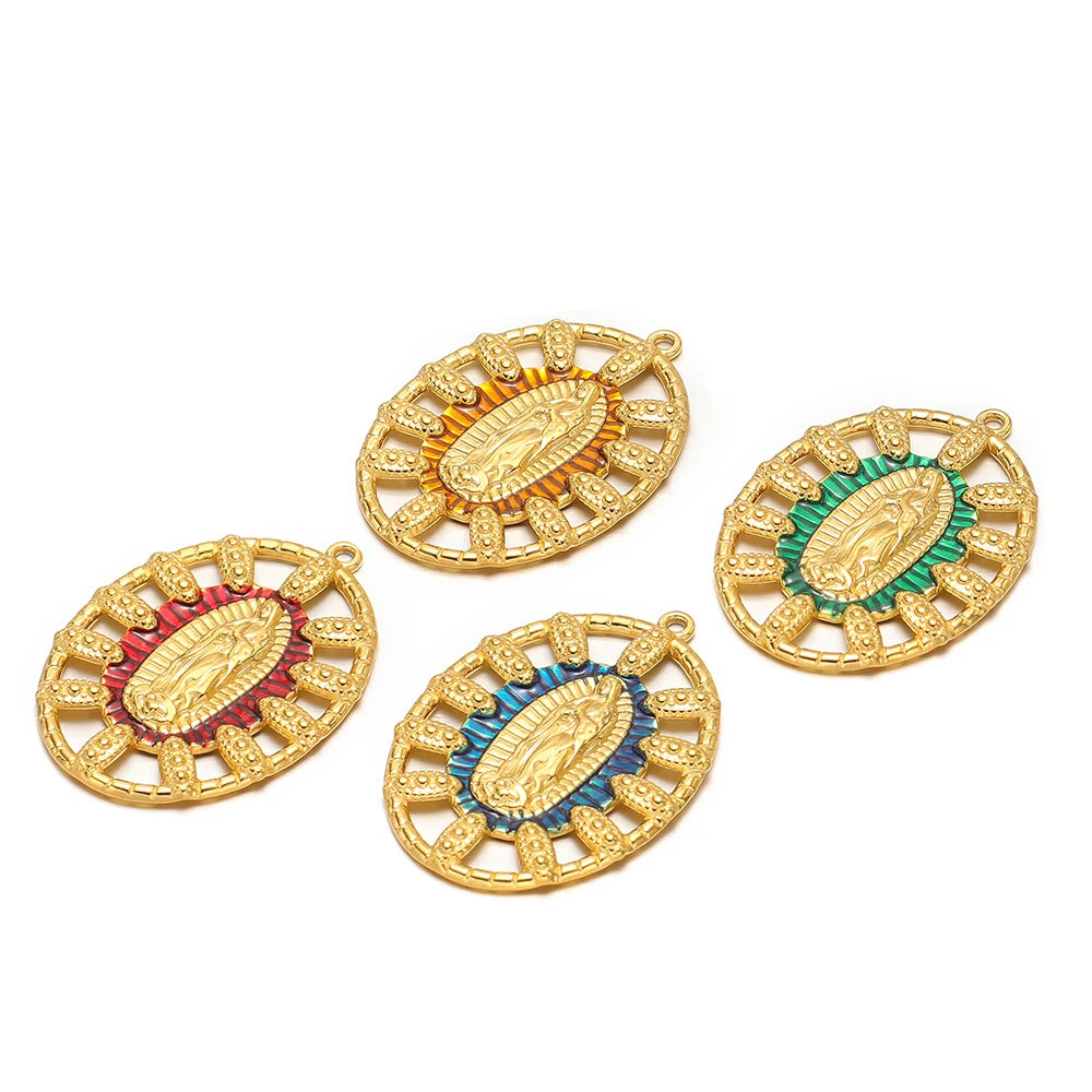 Trendy Religious Jewelry 18k Gold Plated Stainless Steel Hollow Enamel Oval Jesus Charm Pendant for DIY Necklace Jewelry Making